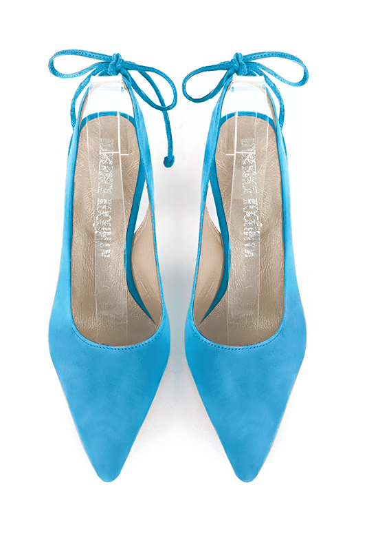 Turquoise blue women's slingback shoes. Pointed toe. High slim heel. Top view - Florence KOOIJMAN